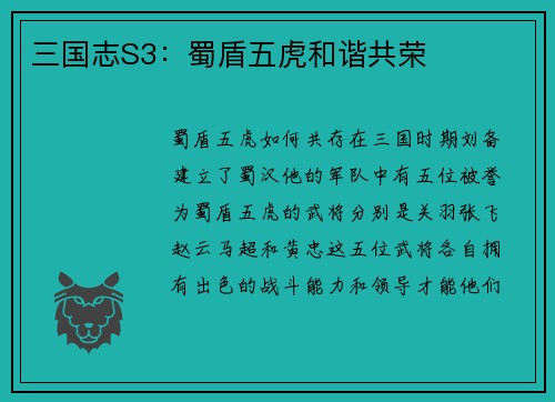 三国志S3：蜀盾五虎和谐共荣